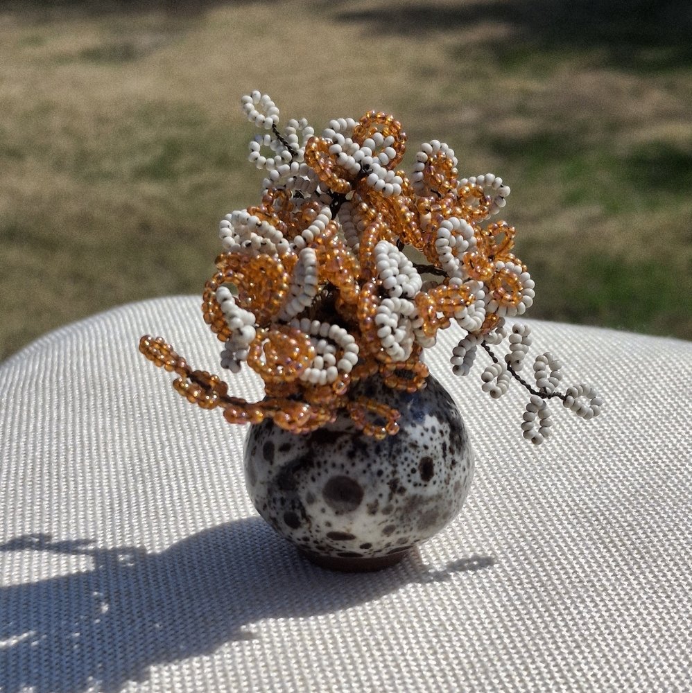 Beaded Floral Arrangement in Speckled Vase